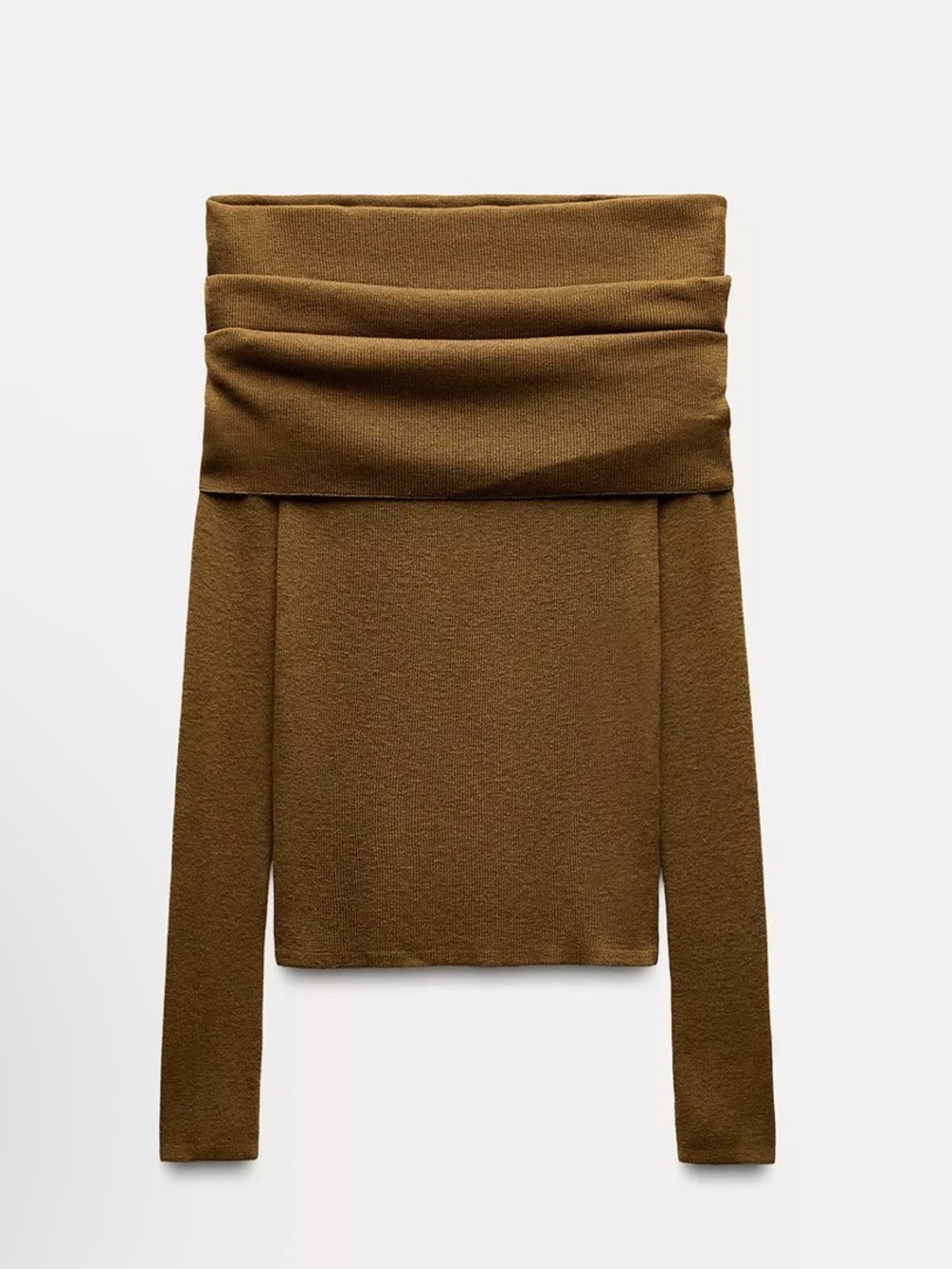 Zara Olive Brown Off-the-Shoulder Foldover Sweater